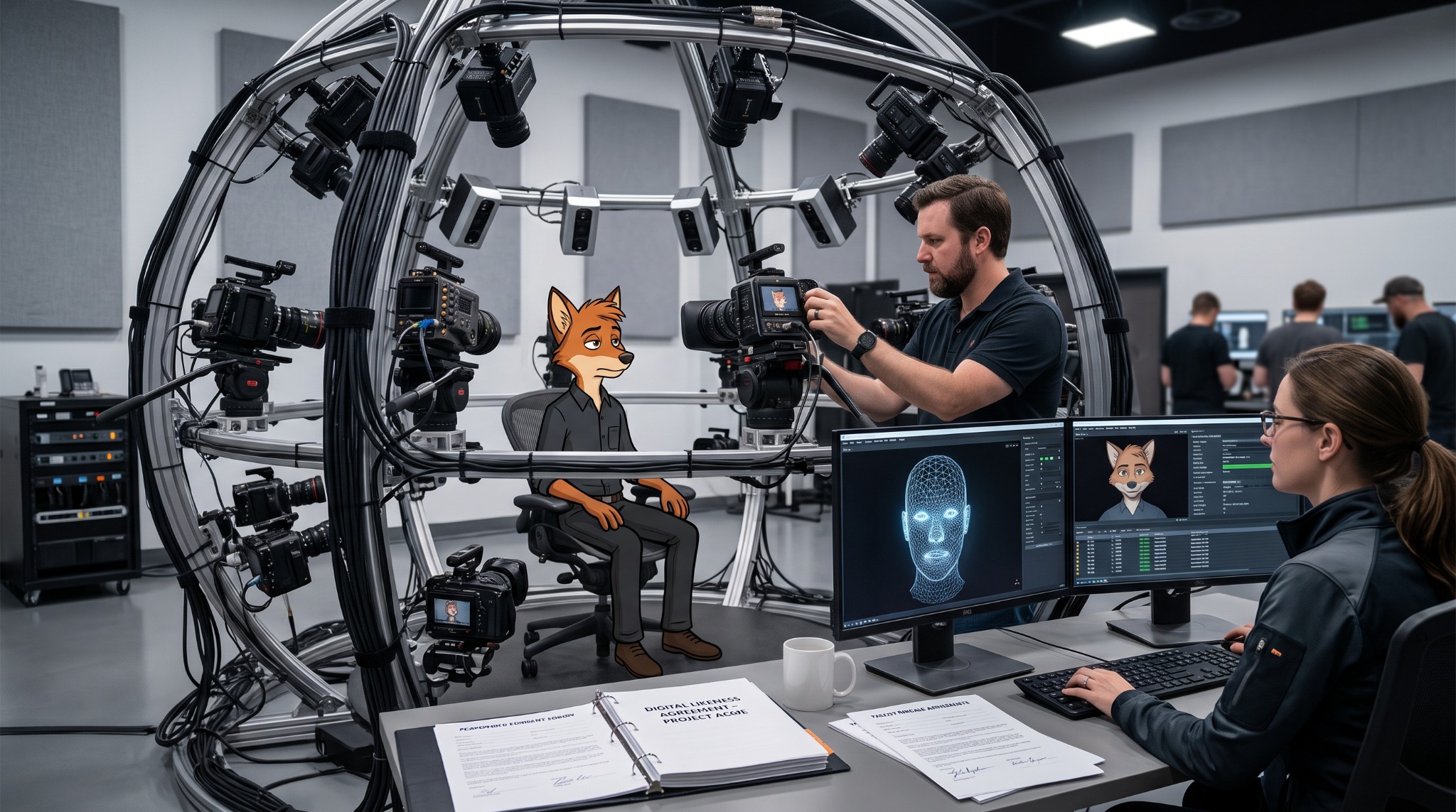 Face-scan data and provenance interfaces in a synthetic-performance lab.