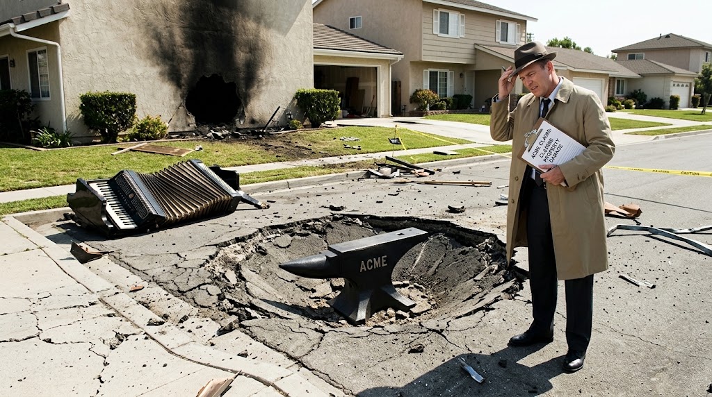 An insurance adjuster surveys an ACME-related claim outside a damaged home.