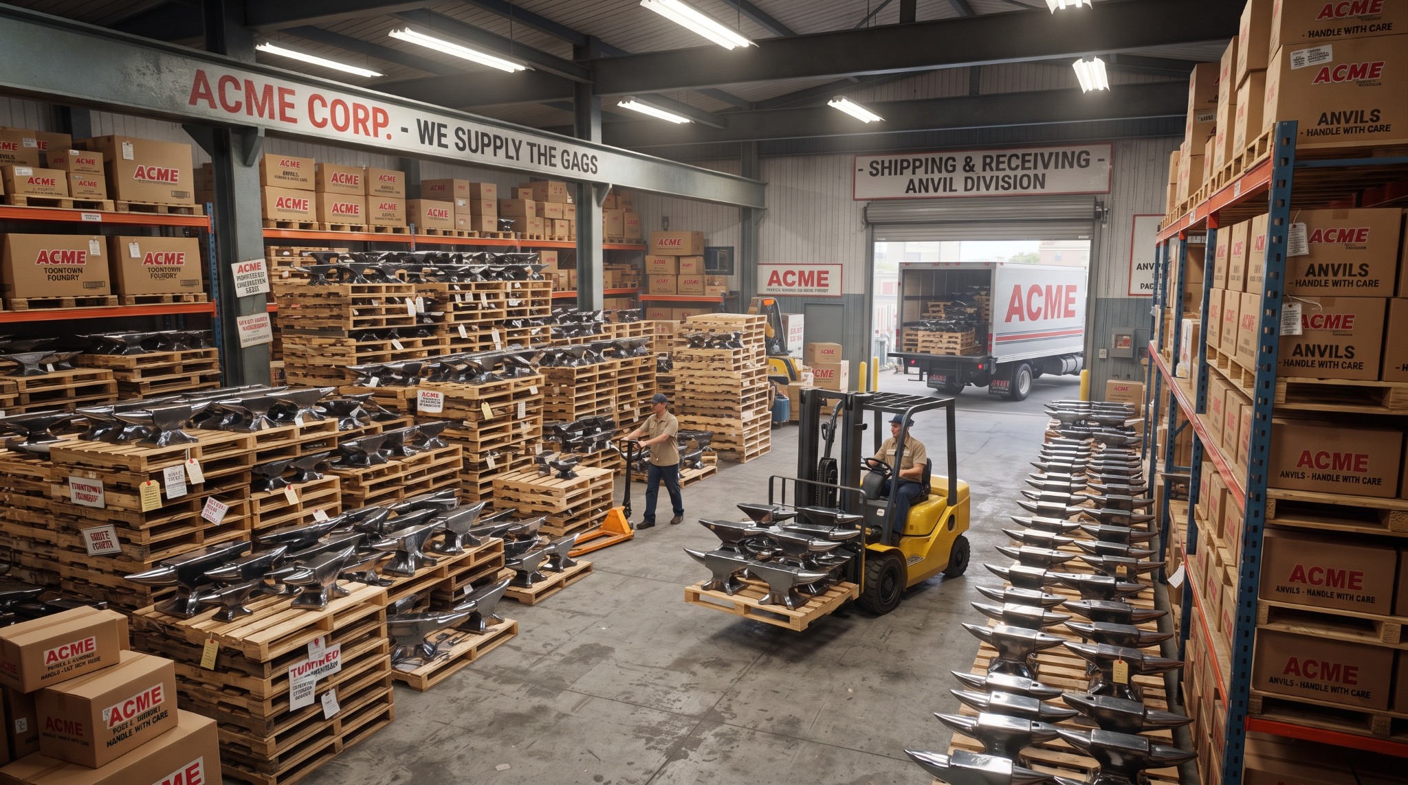 Inside ACME’s shipping-and-receiving operation, pallets of new anvils await distribution.