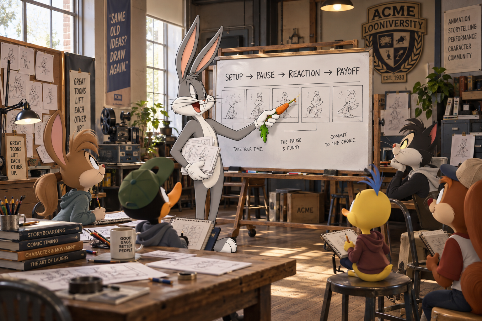 In later years, Bugs mentored younger Toons in an ACME Looniversity classroom.