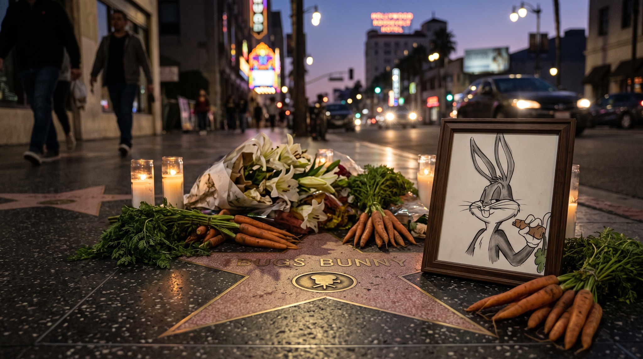Bugs Bunny memorial at his Hollywood Walk of Fame star, with carrots and a framed portrait.