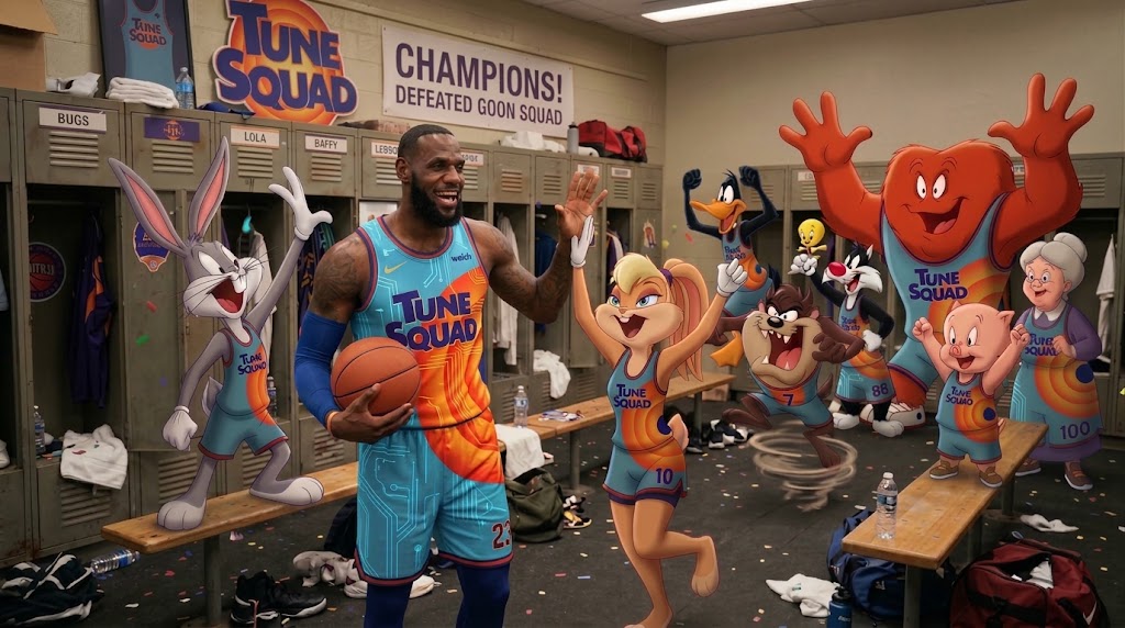 The Tune Squad celebrates after its 2021 game against the Goon Squad.