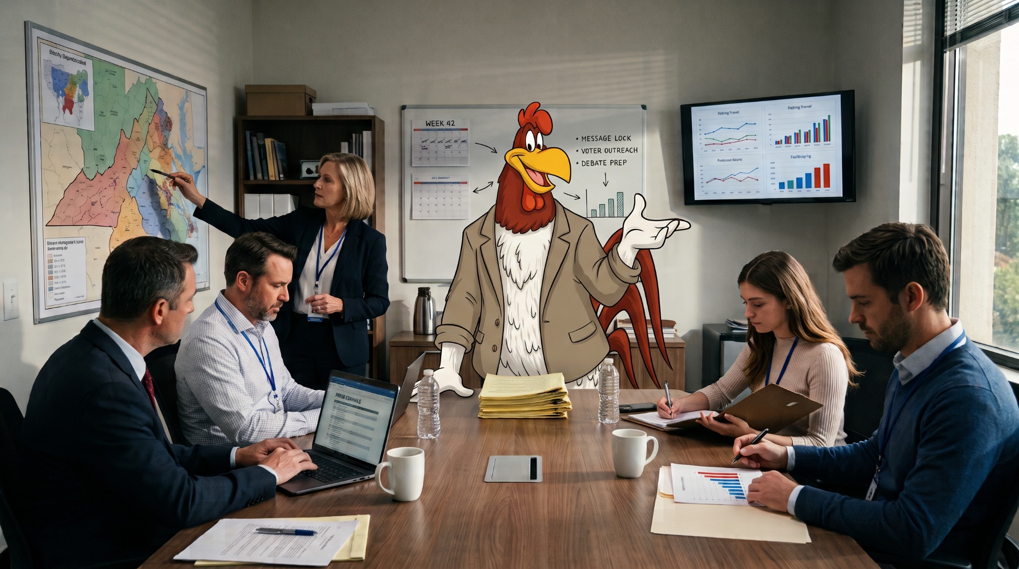 Foghorn Leghorn meets with campaign advisers during a strategy session.