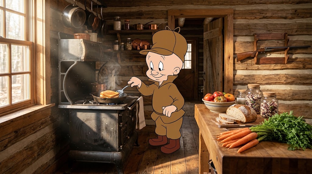 Elmer Fudd cooks a plant-based grilled cheese at home.