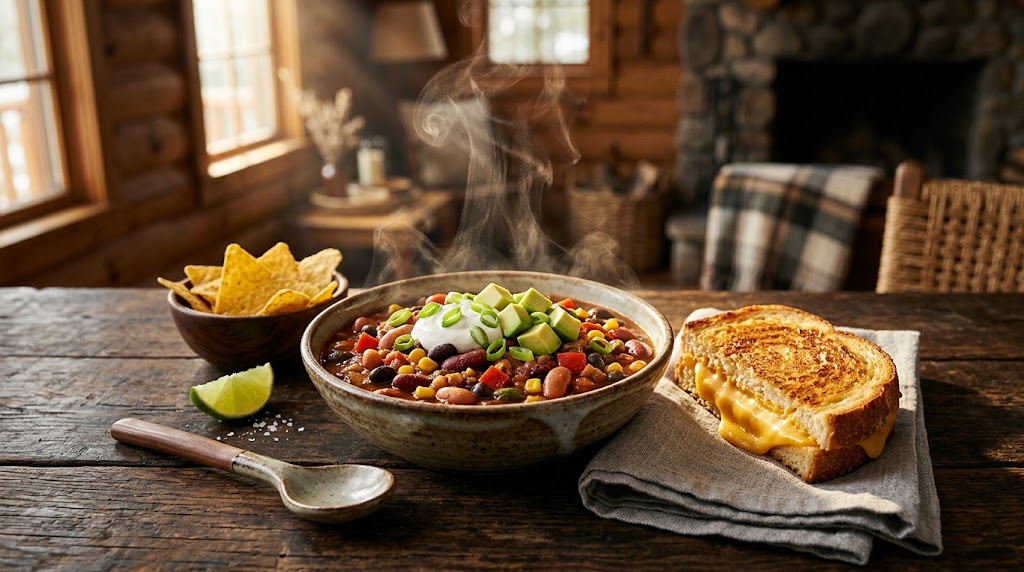 Fudd’s finished three-bean chili and plant-based grilled cheese.