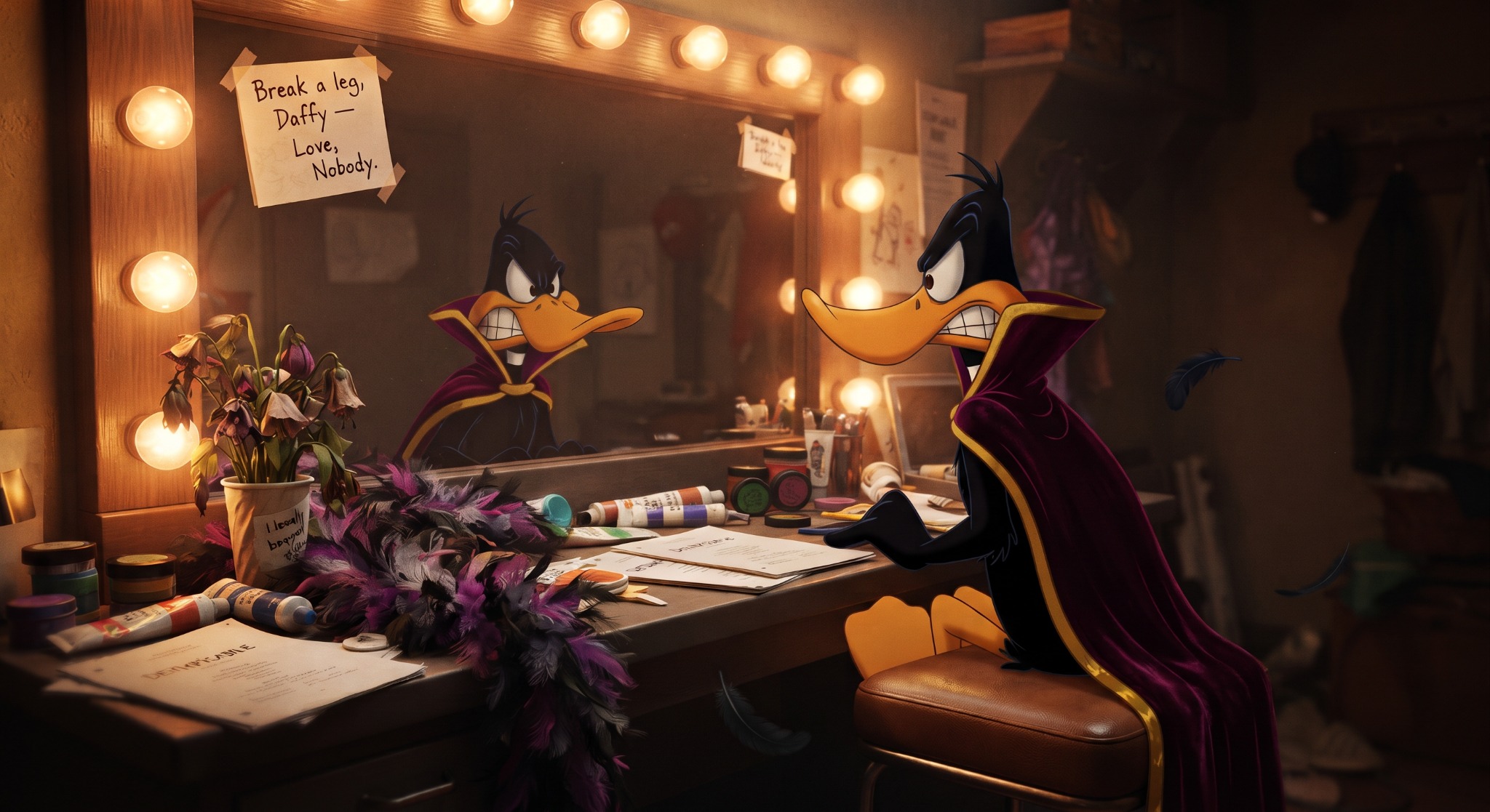 Backstage before Daffy Duck’s one-duck Broadway retrospective.