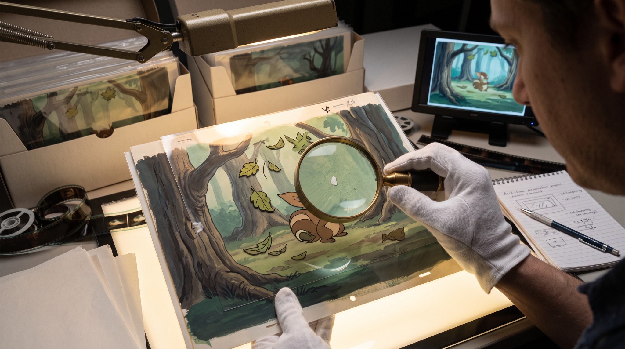 Original animation artwork being examined under magnification