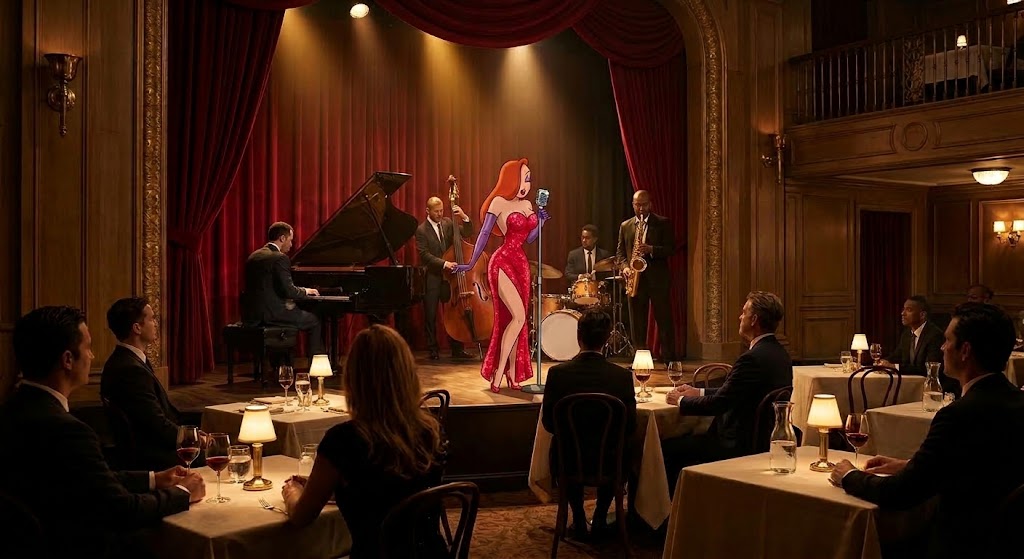 Jessica Rabbit performs in an intimate upscale supper-club setting.