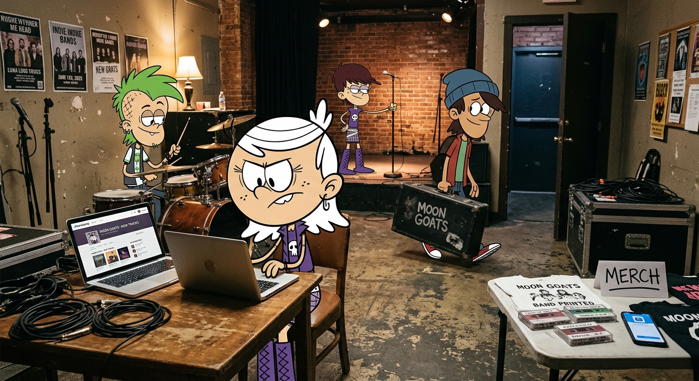 Luna Loud and the Moon Goats set up gear, promote a show and sell merchandise at a small venue.