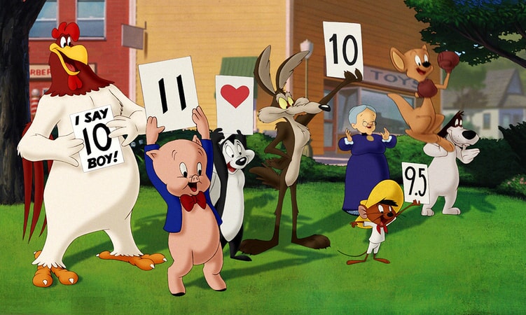 Looney Tunes characters hold up scorecards in Space Jam