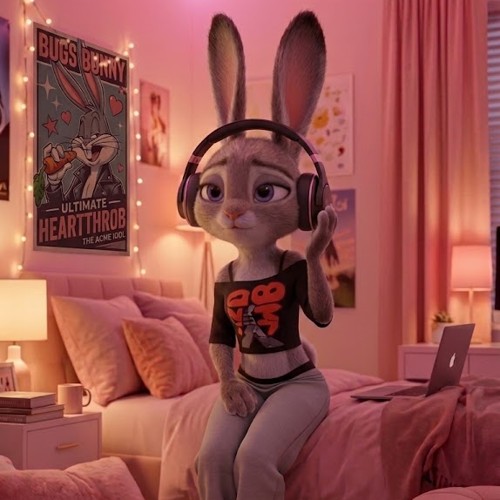 Judy Hopps in her room with a Bugs Bunny poster