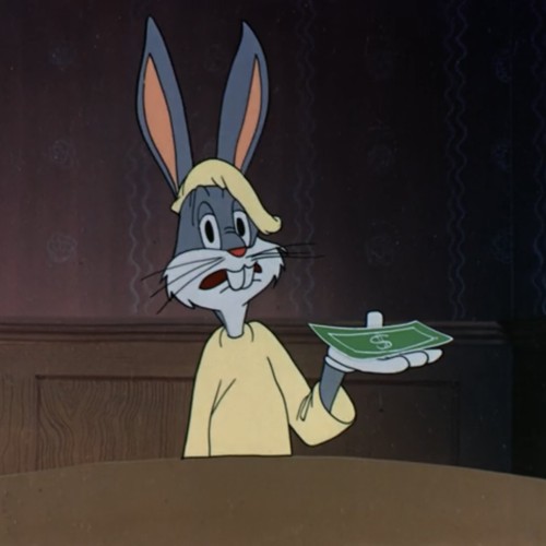 Classic Bugs Bunny in a blond wig holding cash