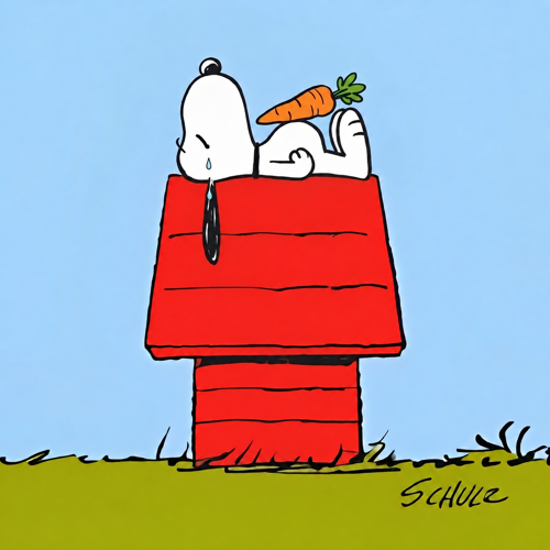 Snoopy resting sadly on his doghouse with a carrot and a tear