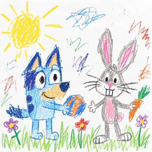 Childlike crayon drawing of Bluey and Bugs Bunny