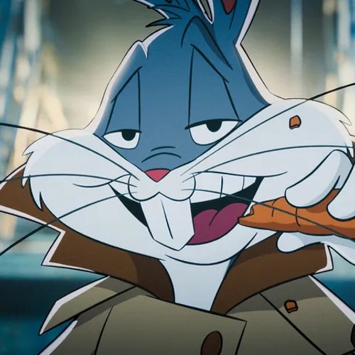 Bugs Bunny in a trench coat biting a carrot
