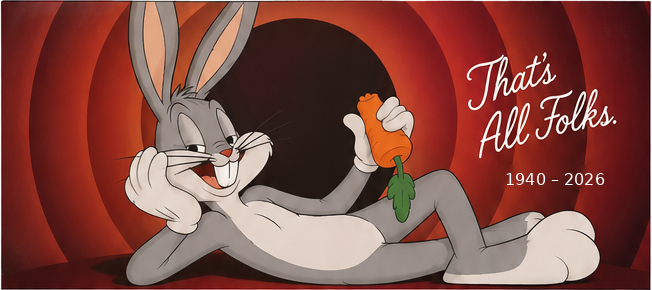 Memorial illustration of Bugs Bunny reclining with a carrot against classic concentric rings