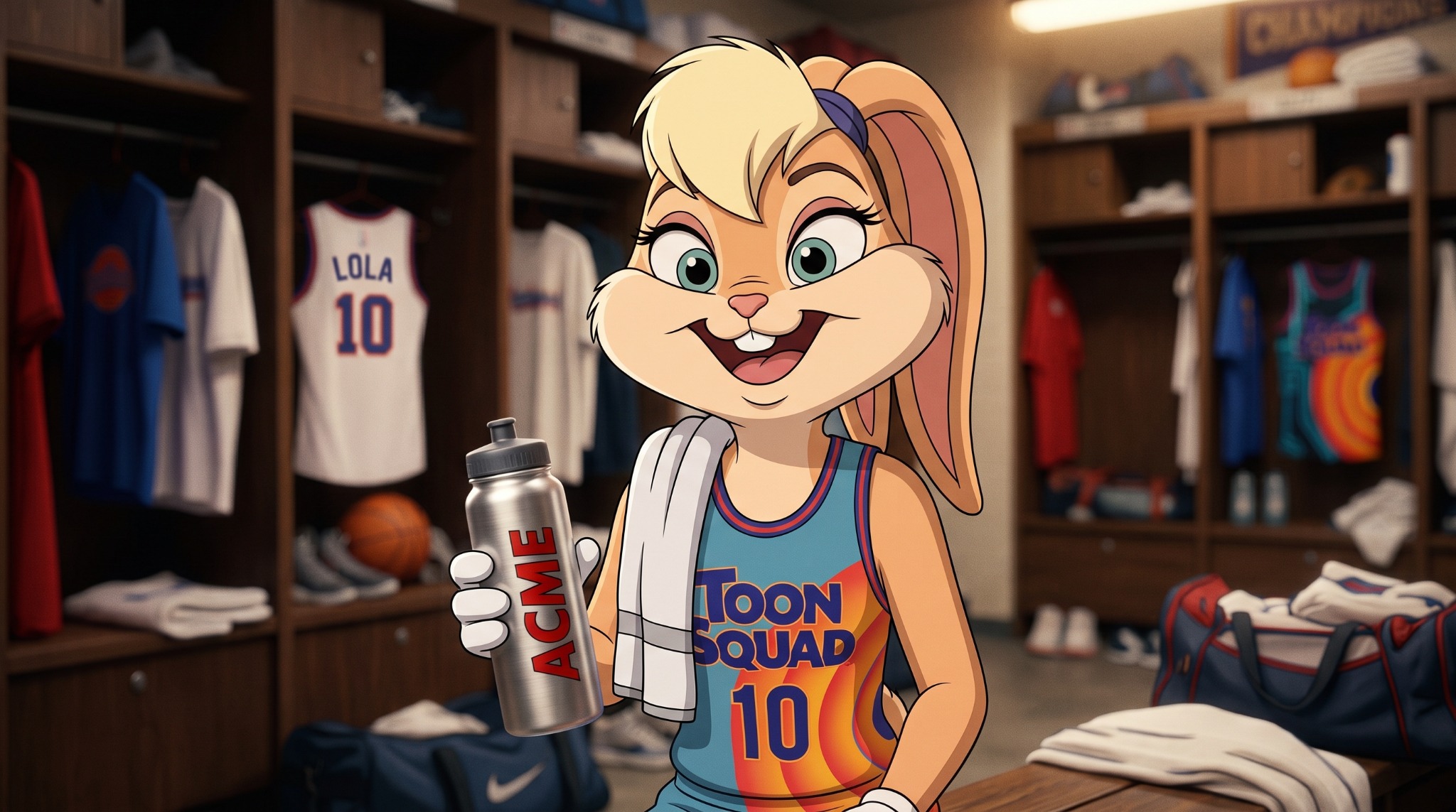 Lola Bunny in the modern Tune Squad locker room